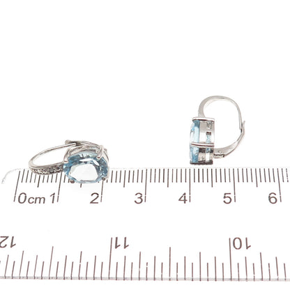 925 Sterling Silver Real Round-Cut Diamond & Oval-Cut Blue Topaz Earrings