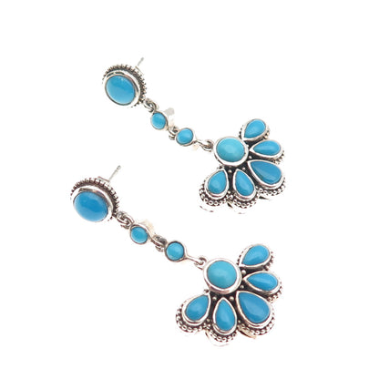 925 Sterling Silver Vintage Real Turquoise Floral Dangle Earrings