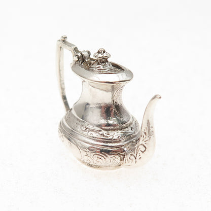925 Sterling Silver Antique Art Deco Teapot Oxidized 3D Open Charm Pendant