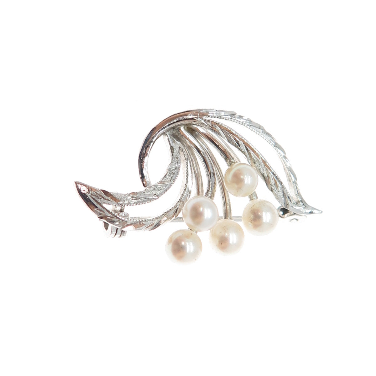 925 Sterling Silver Antique Art Deco Real Pearl Floral Pin Brooch