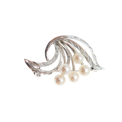 925 Sterling Silver Antique Art Deco Real Pearl Floral Pin Brooch