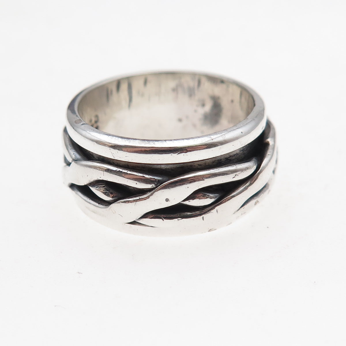 925 Sterling Silver Vintage Mexico Braided Oxidized Rotating Band Ring Size 7.75