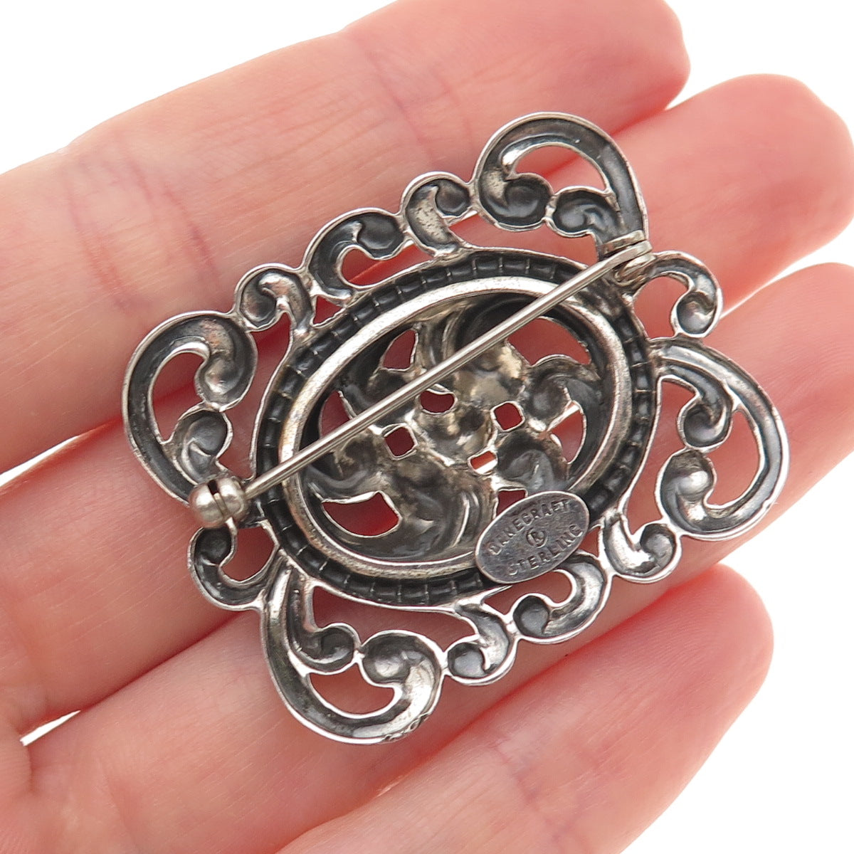 Danecraft 925 Sterling Silver Antique Art Deco Floral Scroll Oxidized Pin Brooch