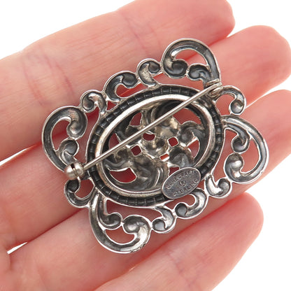 Danecraft 925 Sterling Silver Antique Art Deco Floral Scroll Oxidized Pin Brooch