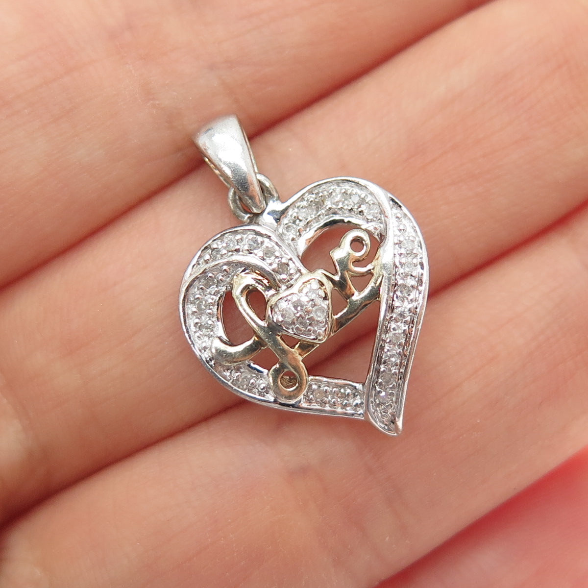 925 Sterling Silver 2-Tone Real Round-Cut Diamond Love Heart Charm Pendant