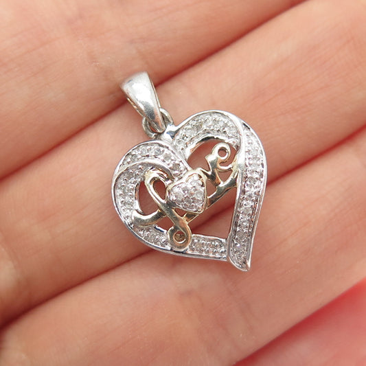 925 Sterling Silver 2-Tone Real Round-Cut Diamond Love Heart Charm Pendant