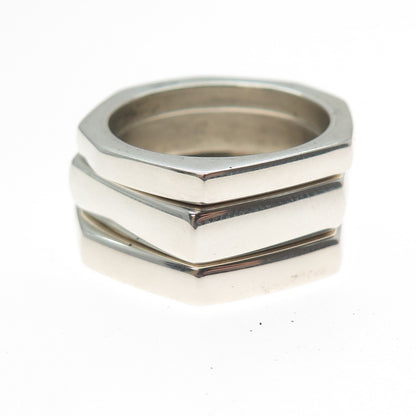 GUCCI Sterling Silver Vintage Italy Modernist Hexagon SET of 3 Band Ring Size 10