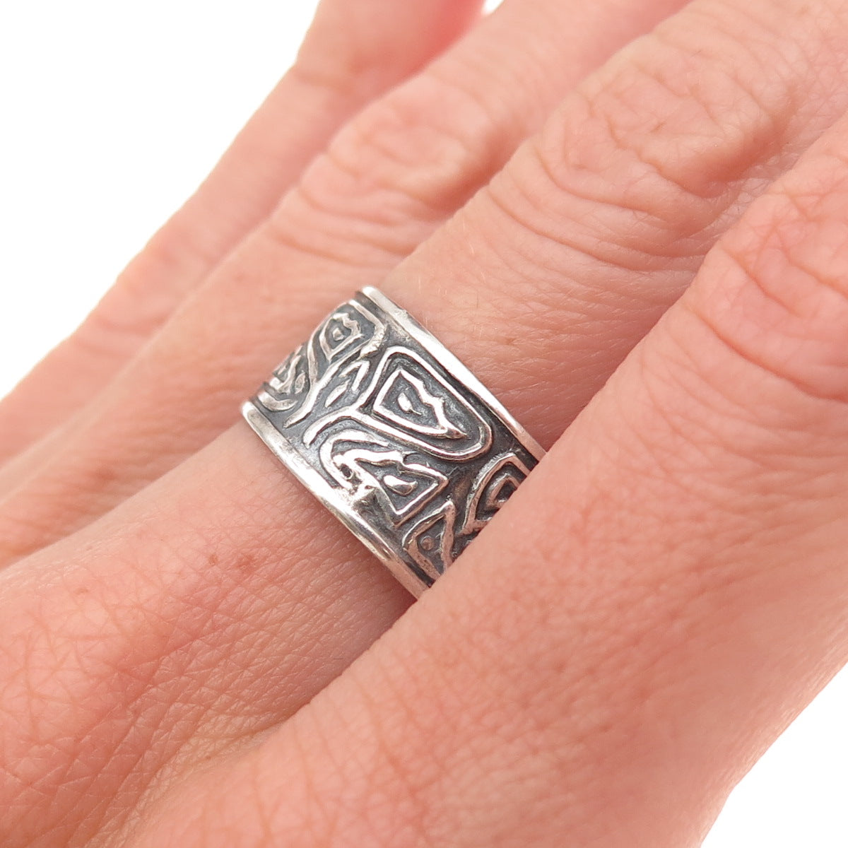 925 Sterling Silver Vintage Mexico Modernist Oxidized Wide Band Ring Size 10.25