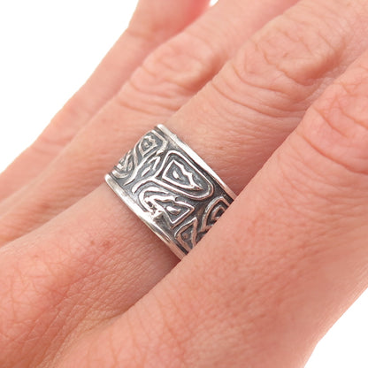 925 Sterling Silver Vintage Mexico Modernist Oxidized Wide Band Ring Size 10.25