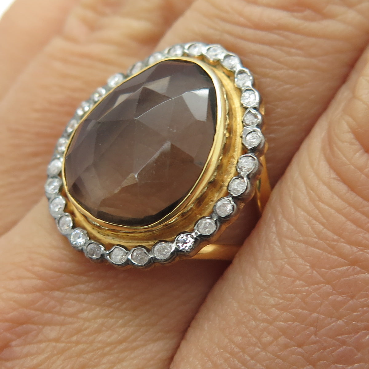 925 Sterling Silver Gold Plated Vintage Real Smoky Quartz & C Z Ring Size 8.5