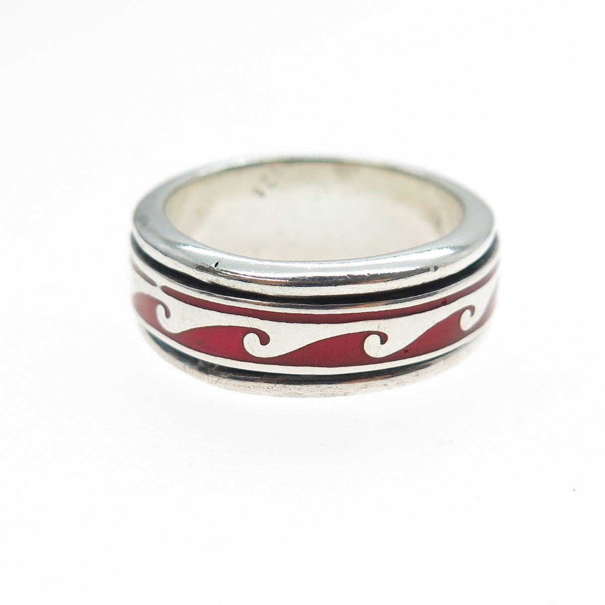 925 Sterling Silver Vintage Enamel Wave Rotating Band Ring Size 7.25