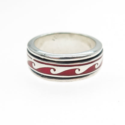 925 Sterling Silver Vintage Enamel Wave Rotating Band Ring Size 7.25