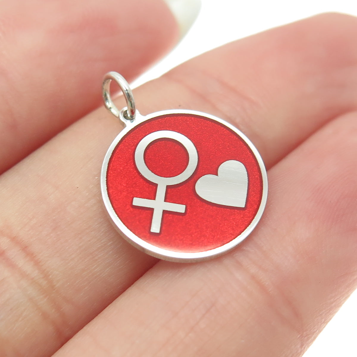 925 Sterling Silver Red Enamel Female Symbol & Heart Minimalist Charm Pendant