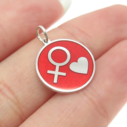 925 Sterling Silver Red Enamel Female Symbol & Heart Minimalist Charm Pendant