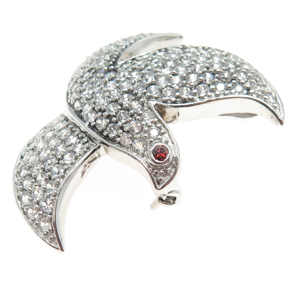 925 Sterling Silver Real Red Garnet Gemstone & C Z Dove of Peace Pin Brooch