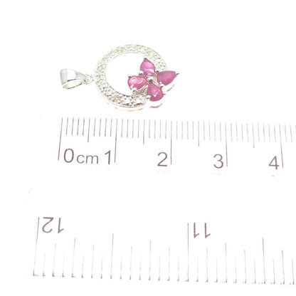 925 Sterling Silver Real Round-Cut Diamond & Pear-Cut Ruby Minimalist Pendant