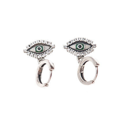 925 Sterling Silver Enamel & C Z Evil Eye Dangle Charm Hoop Earrings