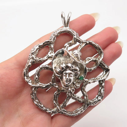 925 Sterling Silver Antique Real Emerald Gem Lady in Hat Floral Pin Brooch