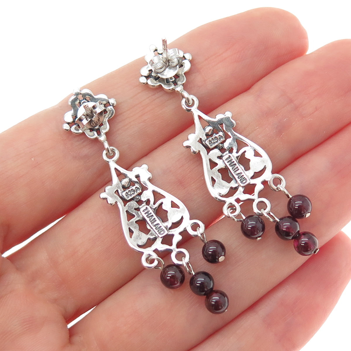 925 Sterling Silver Vintage Tourmaline Flower Beaded Oxidized Dangle Earrings