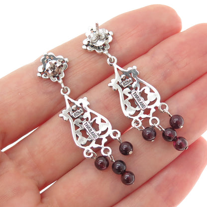 925 Sterling Silver Vintage Tourmaline Flower Beaded Oxidized Dangle Earrings