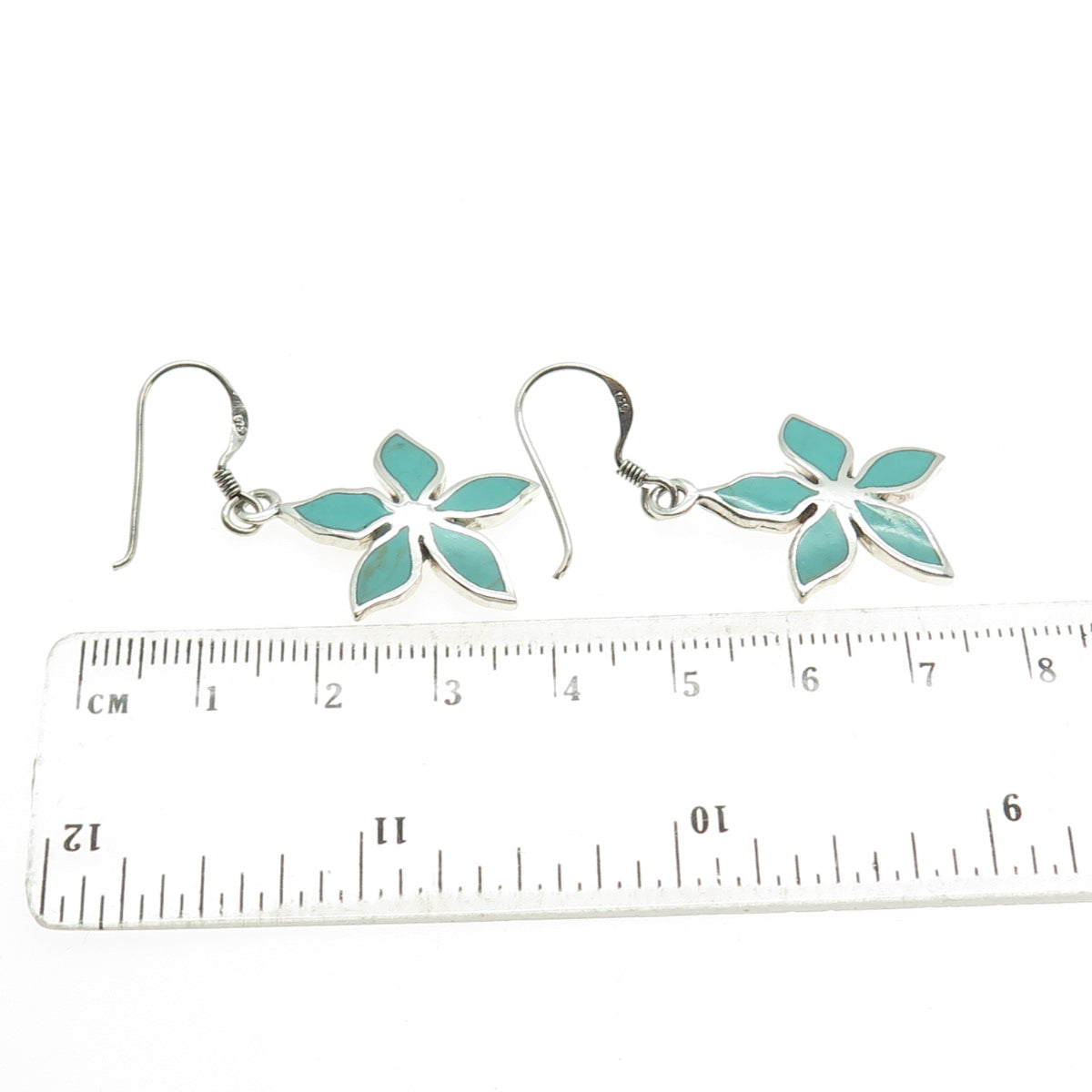 925 Sterling Silver Vintage Real Turquoise Flower Dangle Earrings