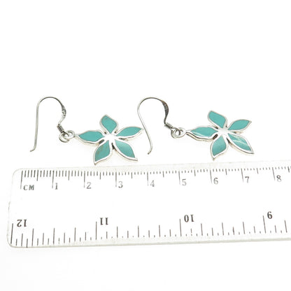 925 Sterling Silver Vintage Real Turquoise Flower Dangle Earrings