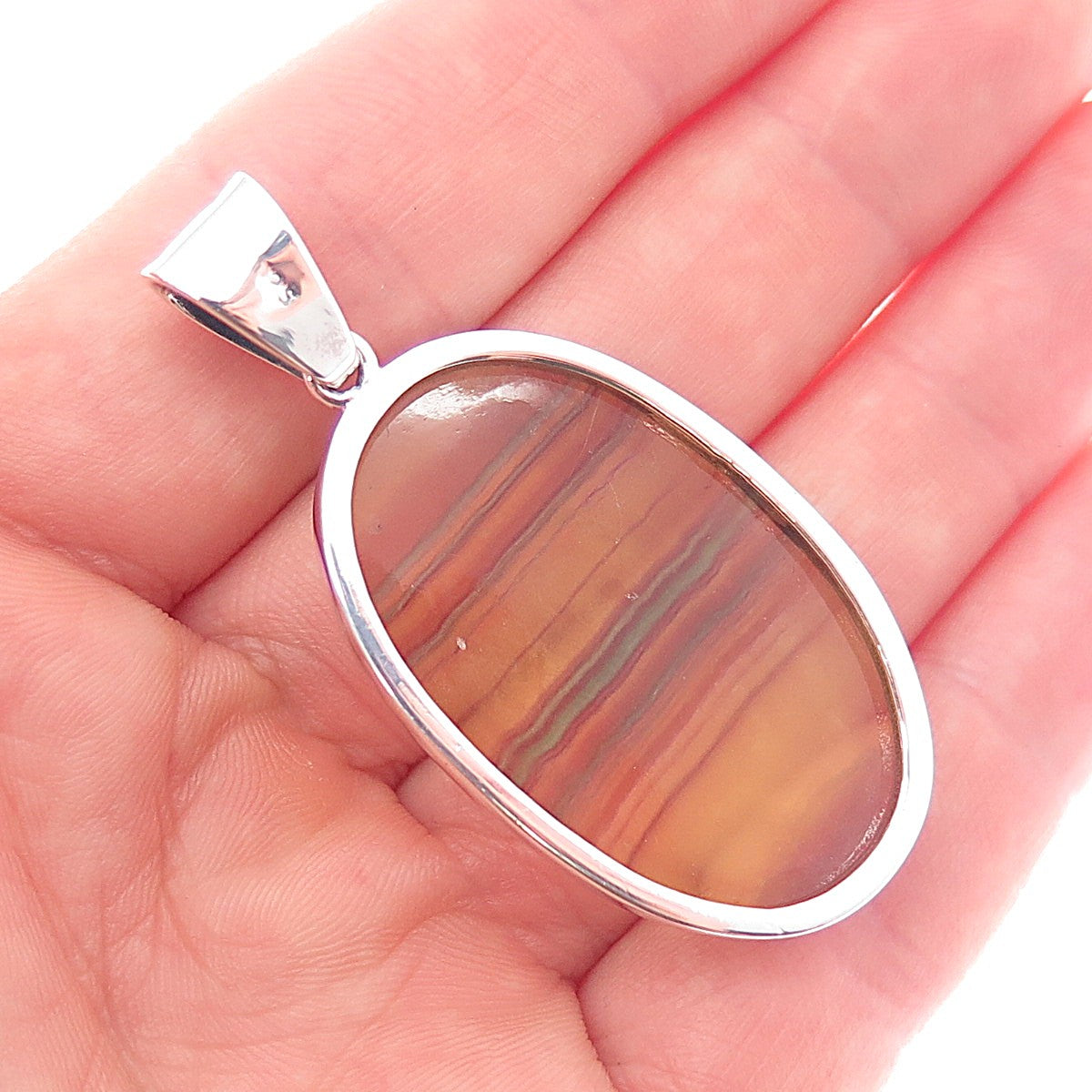 925 Sterling Silver Vintage Real Cabochon Agate Pendant