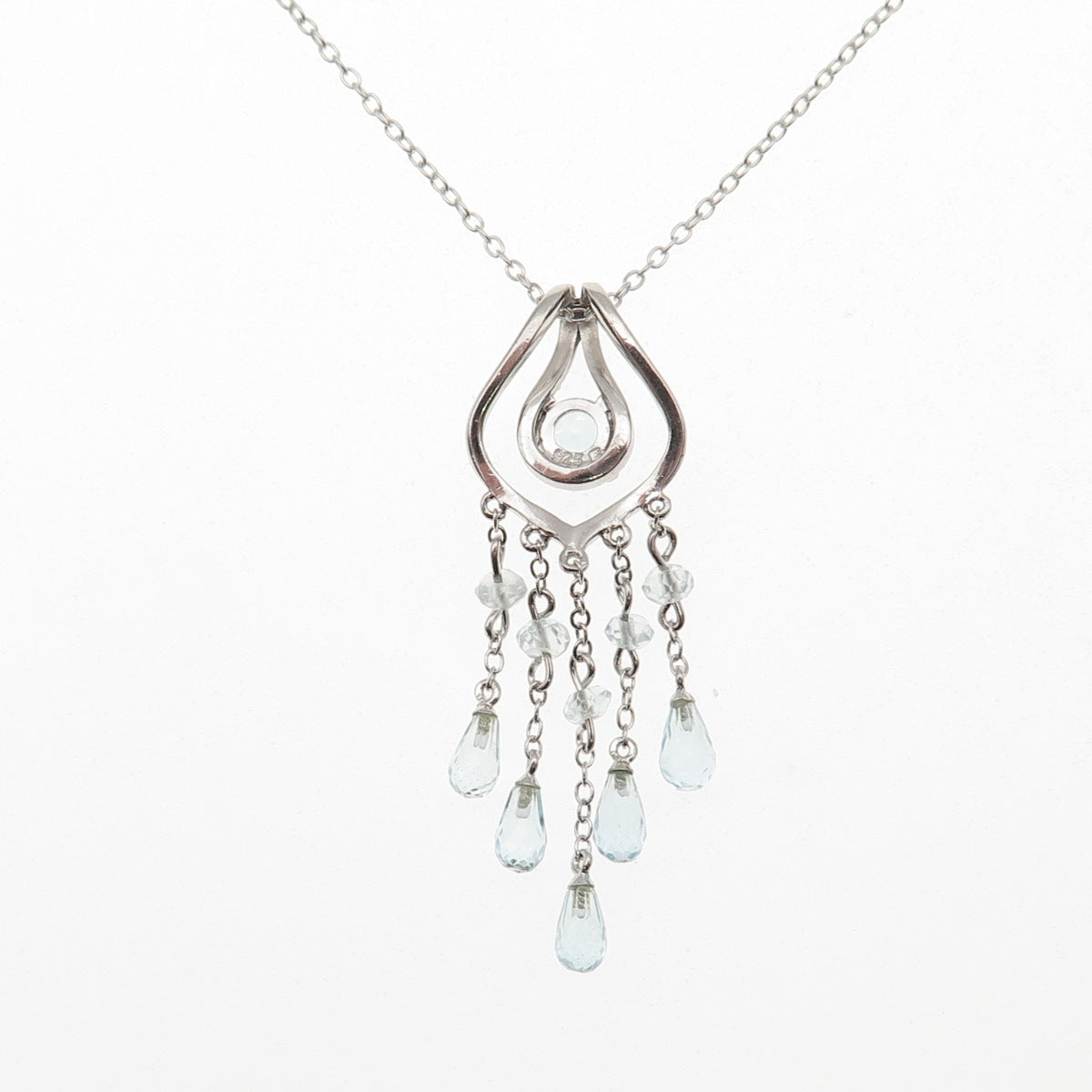 925 Sterling Silver Real Blue Topaz Tassel Cable Chain Necklace 18"