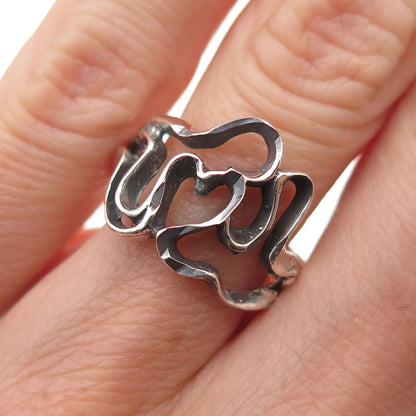 925 Sterling Silver Vintage Modernist Heart Oxidized Ring Size 6.25