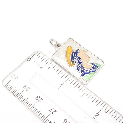 925 Sterling Silver Vintage Enamel Textured Virgin Mary Rectangle Pendant