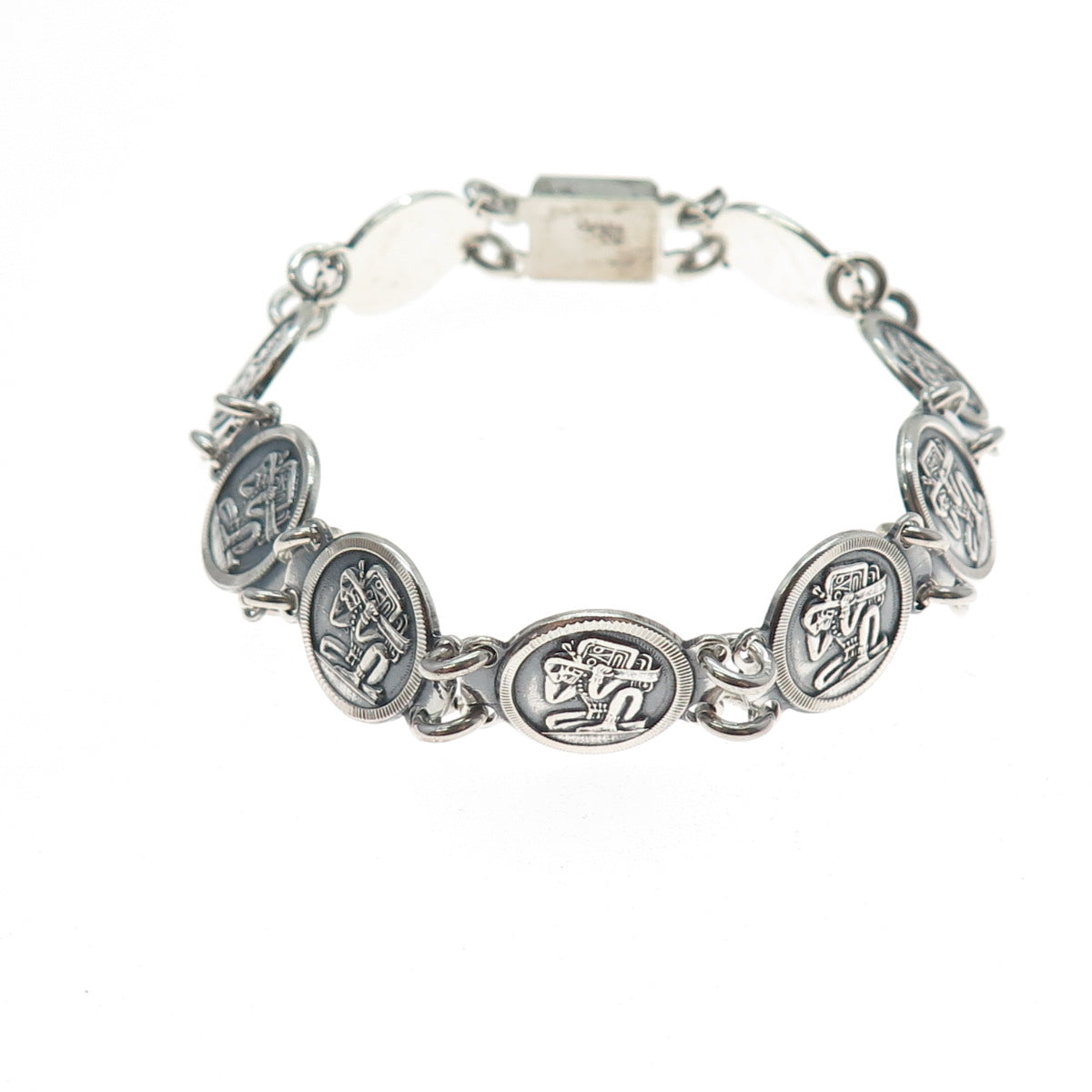 925 Sterling Silver Vintage Mexico Aztec God Oxidized Coin Link Bracelet 7"
