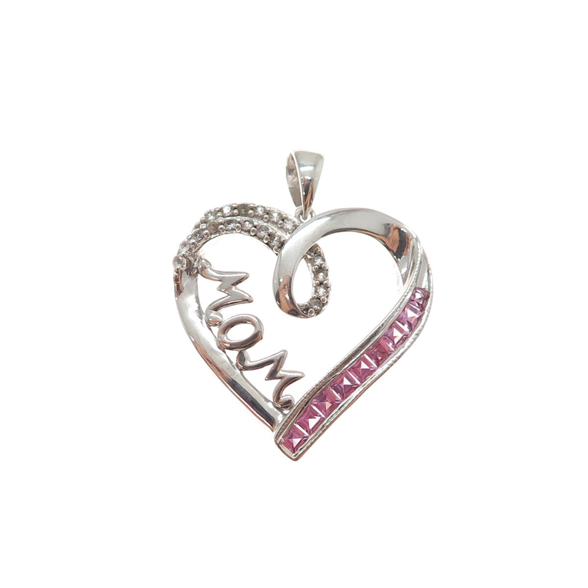 SUN 925 Sterling Silver Real Pink Sapphire & White Topaz Mom Heart Pendant