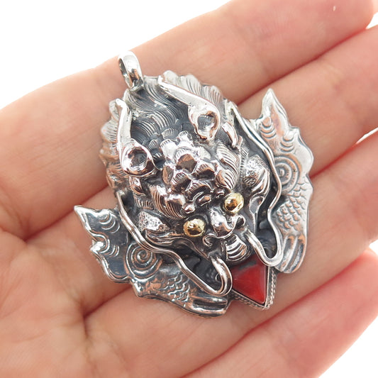 925 Sterling Silver 2-Tone Vintage Real Coral Royal Dragon Oxidized Pendant