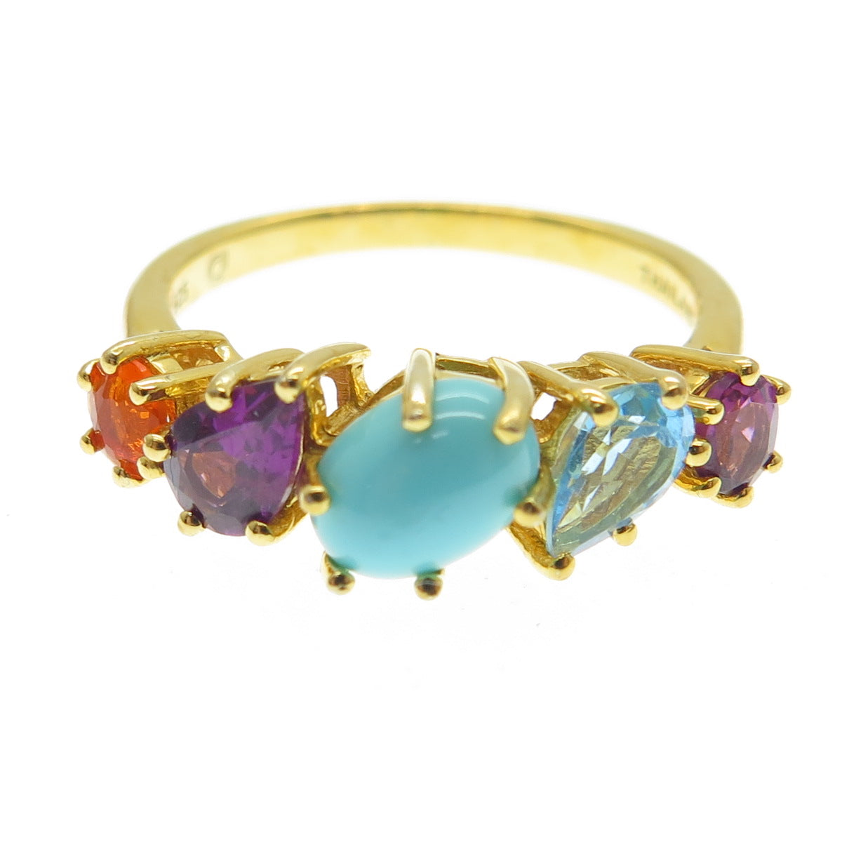 925 Sterling Silver Gold Plated Real Turquoise Topaz Amethyst & Opal Ring Size 8