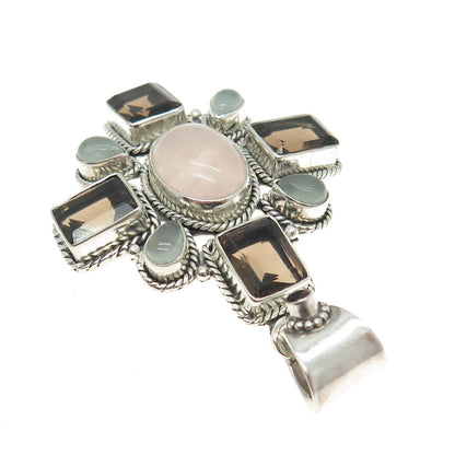 925 Sterling Silver Vintage Garnet Rose & Smoky Quartz Aquamarine Cross Pendant