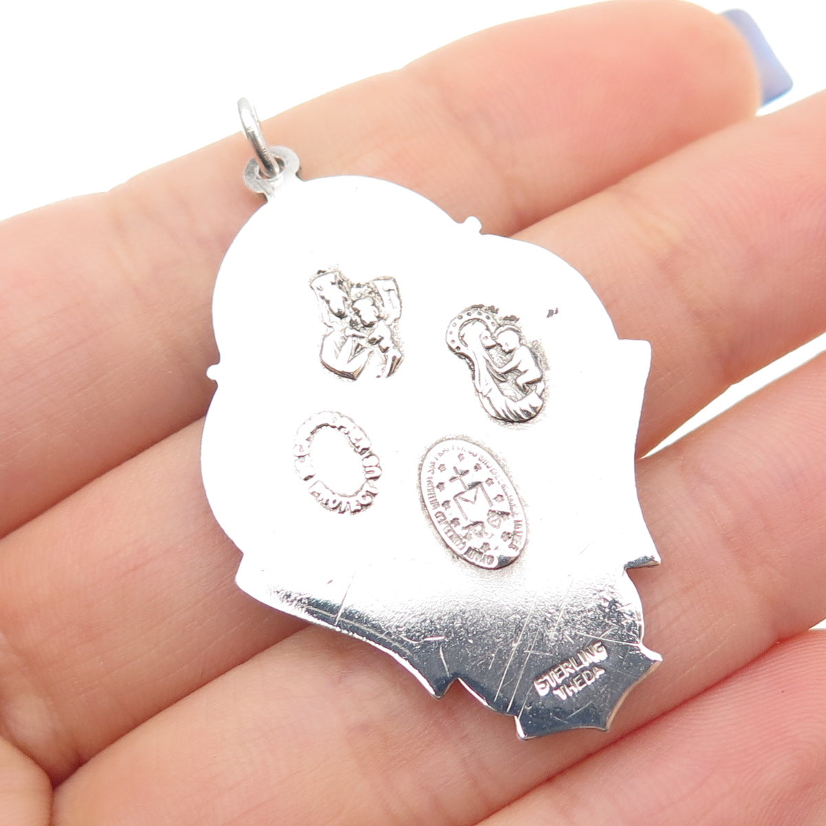 THEDA 925 Sterling Silver Antique Art Deco 4-Way Religious Medal Pendant