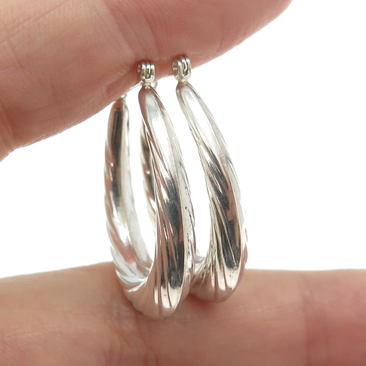 925 Sterling Silver Modernist Twisted Puffy Hoop Earrings