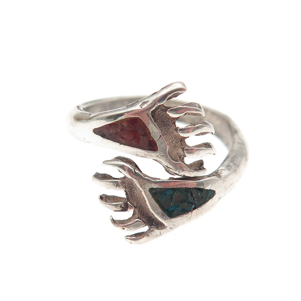 Old Pawn 925 Sterling Turquoise & Coral Inlay Bear Paw Adjustable Ring Size 6.25