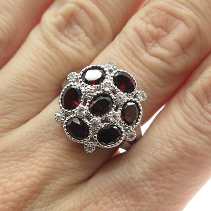 925 Sterling Silver Real White Topaz & Red Garnet Gemstone Ring Size 7.25