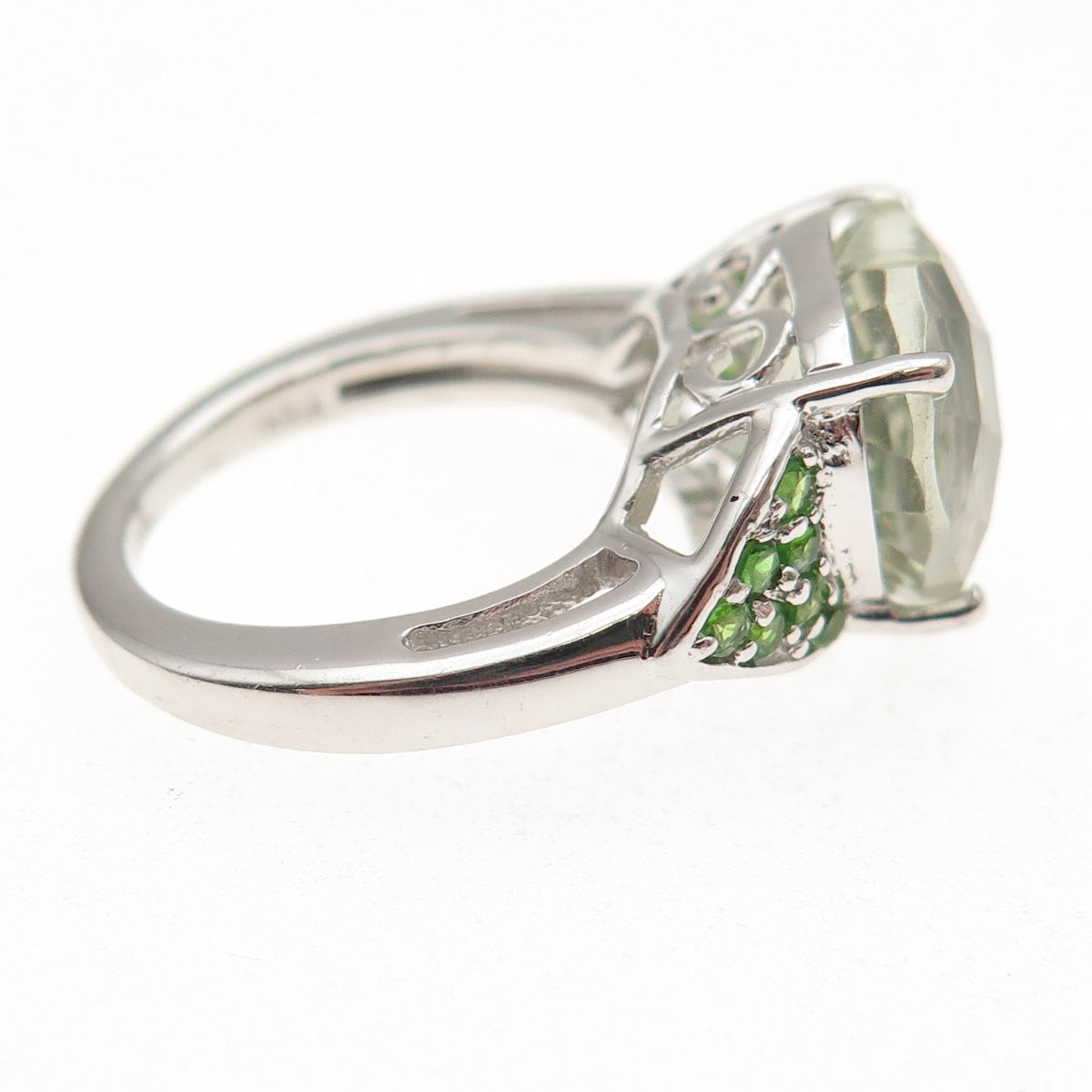 925 Sterling Real Green Amethyst & Chrome Diopside Heart Ring Size 5