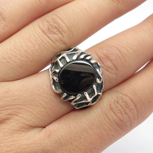 925 Sterling Silver Vintage Real Black Onyx Gem Hammered Ring Size 9