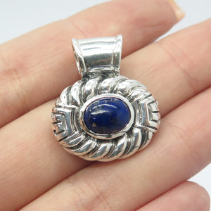 925 Sterling Silver Vintage Real Lapis Lazuli Gemstone Ribbed Slide Pendant