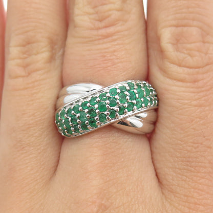 925 Sterling Silver Real Round-Cut Emerald Interlocked Ring Size 7.25