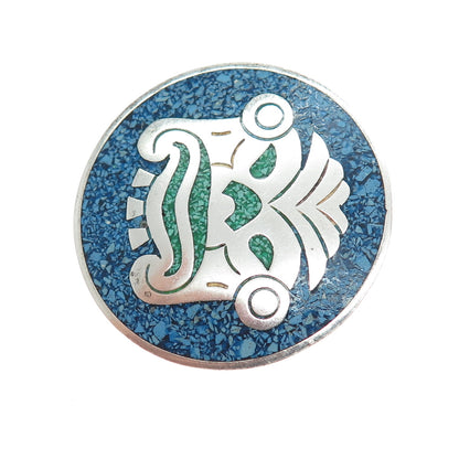 925 Sterling Silver Vintage Mexico Real Turquoise Inlay Aztec God Brooch Pendant