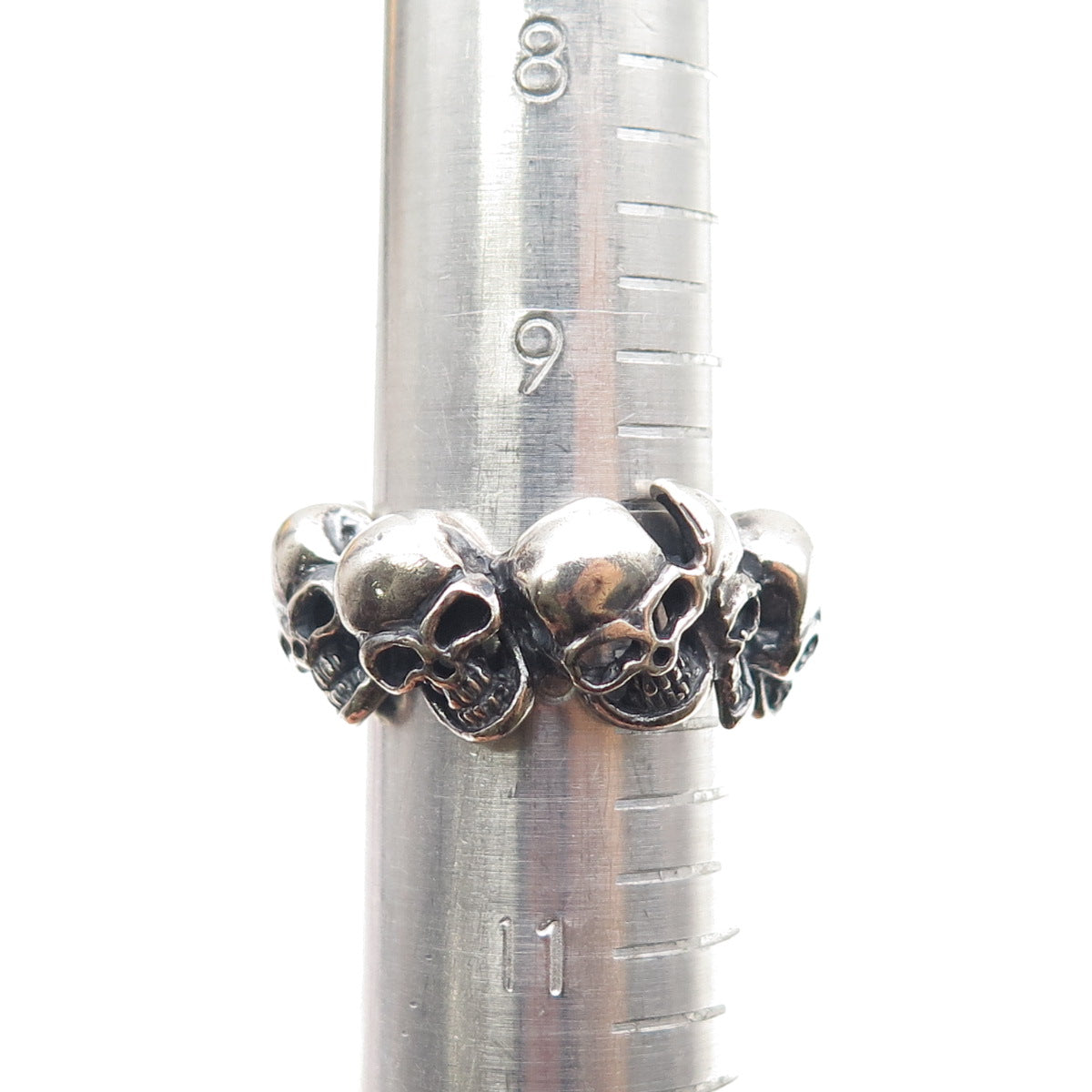 925 Sterling Silver Vintage Skull All Around Oxidized Biker Ring Size 10.25