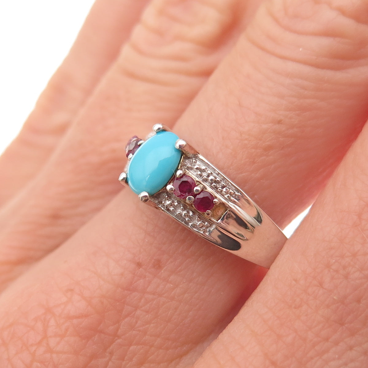 Chuck Clemency 925 Sterling Silver Real Turquoise & Ruby Ring Size 8.25