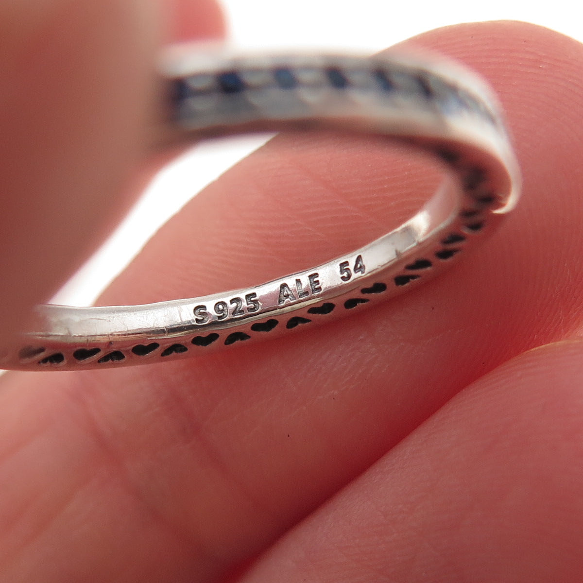 Pandora 925 Sterling Silver Enamel & Blue C Z Radiant Hearts Band Ring Size 7