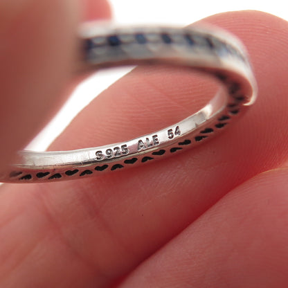 Pandora 925 Sterling Silver Enamel & Blue C Z Radiant Hearts Band Ring Size 7