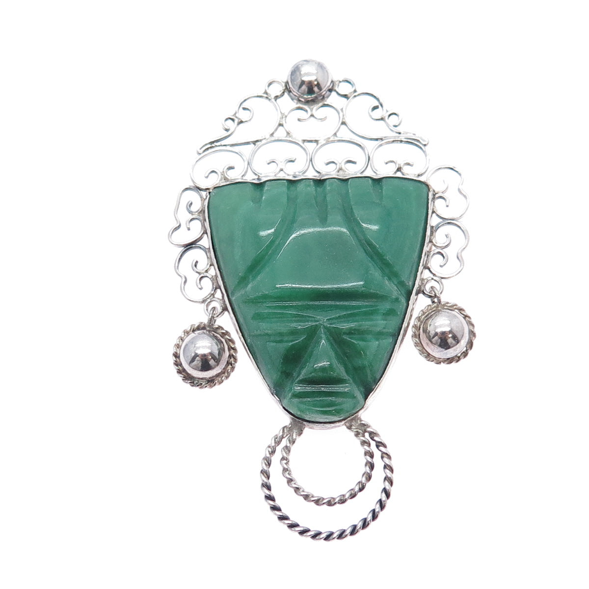 925 Sterling Silver Vintage Mexico Real Jade Aztec God Oxidized Pin Brooch