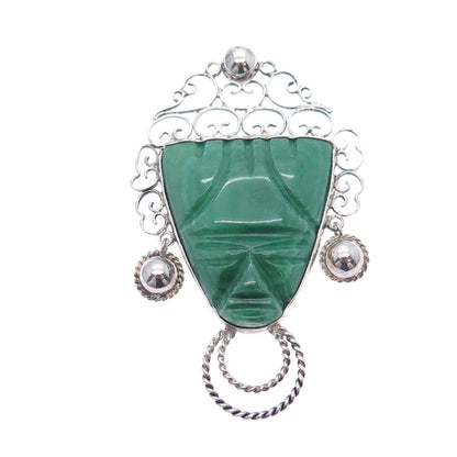 925 Sterling Silver Vintage Mexico Real Jade Aztec God Oxidized Pin Brooch